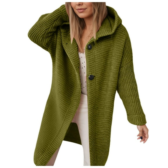 Fiaer Women's Long Hooded Knit Cardigan Sweaters Casual Loose Fit Long Sleeve Cozy Fall Winter Button Down Tops for Daily Army Green XL