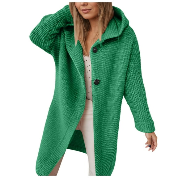 Fiaer Women's Long Hooded Knit Cardigan Sweaters Casual Loose Fit Long Sleeve Cozy Fall Winter Button Down Tops for Daily Green M