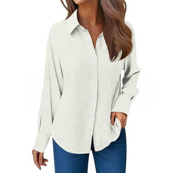 Fiaer,Women's Long Sleeve Button down Tops,Womens Loose Fit Plus Size Shirts,Ladies V Neck Trendy Comfy Blouses with Pockets White M