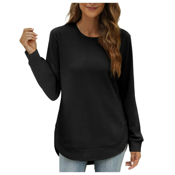 Fiaer,Women's Long Sleeve Tshirts,loose Fit Crewneck Sweatshirt Casual Plus Size Pullover Curved Hem Tee Shirts Solid Lightweight Tops Black XL