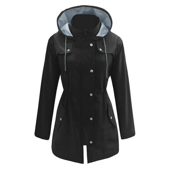Fiaer,Women's Long Windbreaker Plus Size Jackets Waterproof Lightweight Hooded Trench Loose Fit Drawstring Snaps Buttons Tops for Outdoor Active Black S