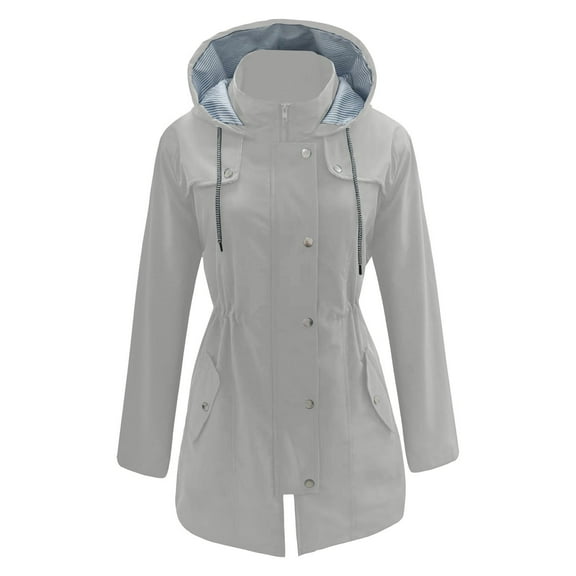 Fiaer,Women's Long Windbreaker Plus Size Jackets Waterproof Lightweight Hooded Trench Loose Fit Drawstring Snaps Buttons Tops for Outdoor Active Grey M
