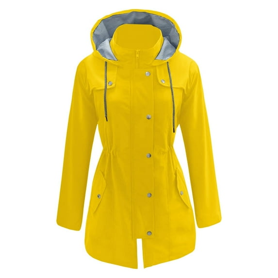 Fiaer,Women's Long Windbreaker Plus Size Jackets Waterproof Lightweight Hooded Trench Loose Fit Drawstring Snaps Buttons Tops for Outdoor Active Yellow XL