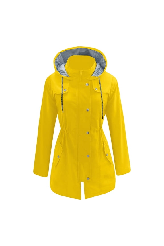 ,Women's Long Windbreaker Plus Size Jackets Waterproof Lightweight Hooded Trench Loose Fit Drawstring Snaps Buttons Tops for Outdoor Active Yellow XL