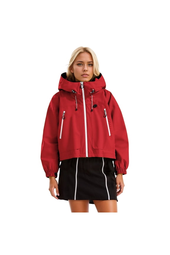 ,Women's Loose Fit Full Zip Cropped Softshell Jackets,Ladies Turtleneck Drawstring Waterproof Adjustable Hooded Tops,Womens Hiking Outdoor Activity Outerwear with Zipper Pockets Red L