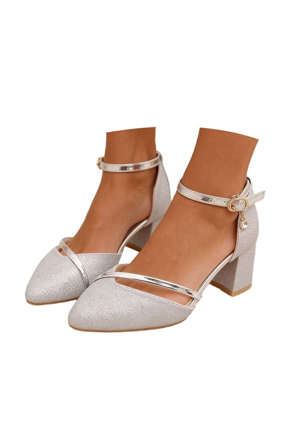 Women's Low Kitten Heels Dress Pumps Wedding Evening Formal Elegant Closed Toe Sandals Ankle Strap Buckle Sparkly Shoes Silver 7