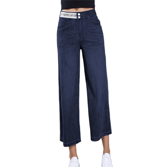 Fiaer,Women's Oversized Capri Denim Pants,Ladies Button Stretch Waist Jean Trousers with Pockets,Womens Straight Lightweight Spliced Joggers BU1 XL