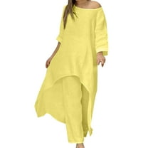 Fiaer,Women's Oversized Linen Irregular Hem Lounge Wear Sets,Womens 2 Piece Set for Comfy Palazzo Pants and Crew Neck Long T Shirts,Ladies Loose Fit Lightweight Outfits Set Yellow2 XL