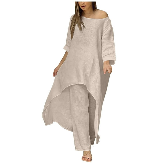 Fiaer,Women's Oversized Linen Irregular Hem Lounge Wear Sets,Womens 2 Piece Set for Comfy Palazzo Pants and Crew Neck Long T Shirts,Ladies Loose Fit Lightweight Outfits Set Khaki XXXXXL