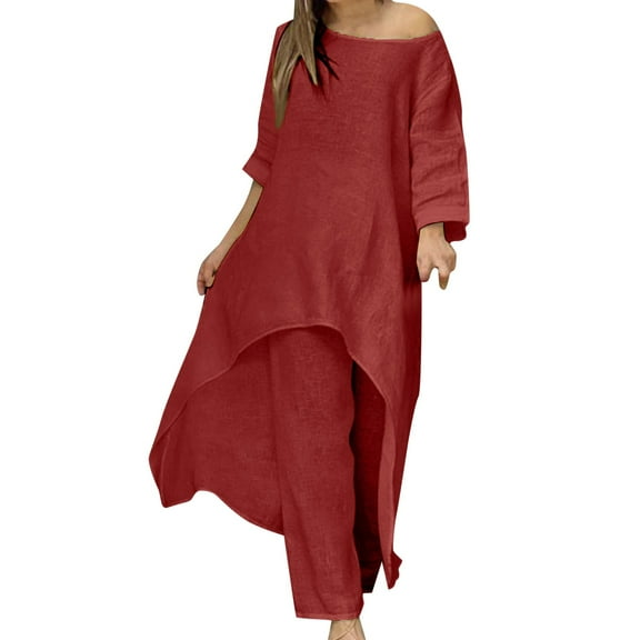 Fiaer,Women's Oversized Linen Irregular Hem Lounge Wear Sets,Womens 2 Piece Set for Comfy Palazzo Pants and Crew Neck Long T Shirts,Ladies Loose Fit Lightweight Outfits Set Red3 L