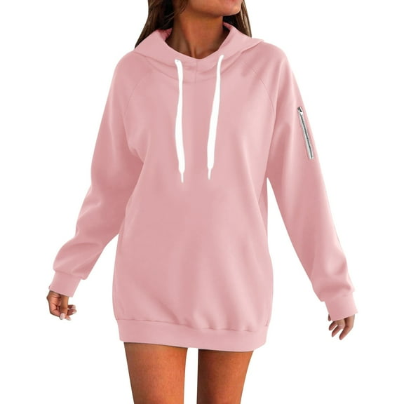 Fiaer,Women's Oversized Long Hoodies,Womens Loose Fit Fashion Solid Color Drawstring Hooded Sweatshirts with Zipper Pocket Light Pink XXXL