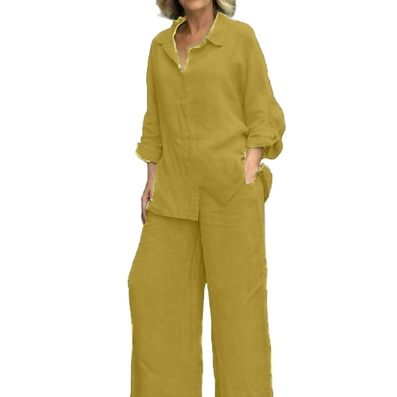 Fiaer,Women's Oversized Roll Sleeve Lounge Wear Sets,Wide Leg Pants and Button down Shirts 2 Piece,Womens Loose Fit Casual Trendy Solid Outfits Set Yellow XL