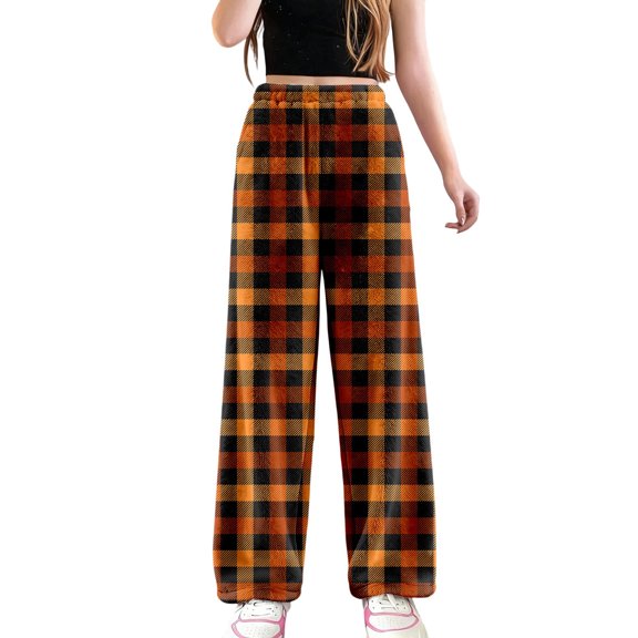 Fiaer Women's Pajamas Pants Plaid Plus Size Color Blocking Sleepwear Trousers Elastic Waisted Casual Trendy Comfort Pjs Joggers Orange1 L