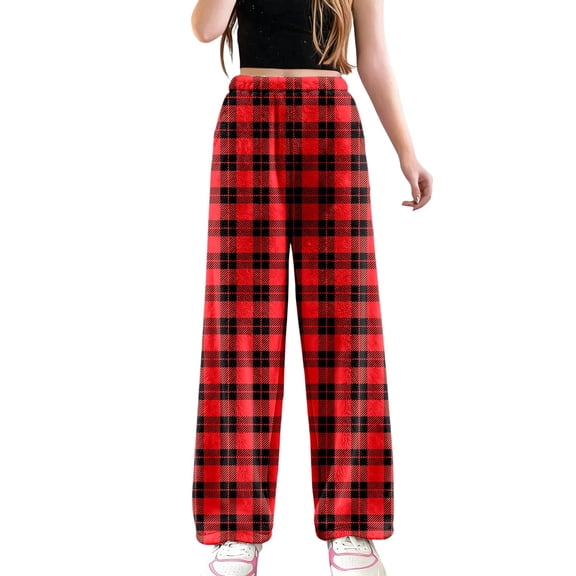 Fiaer Women's Pajamas Pants Plaid Plus Size Color Blocking Sleepwear Trousers Elastic Waisted Casual Trendy Comfort Pjs Joggers Red XL