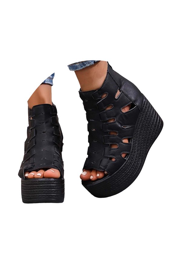 Women's Platform Wedge Heels Open Toe Summer Chunky High Hidden Heel Zipper Caged Bootie Black 6
