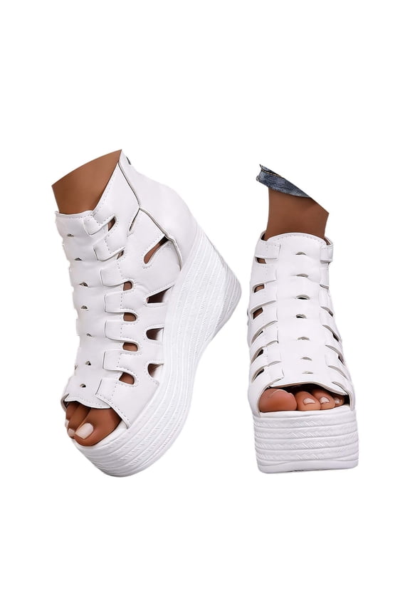 Women's Platform Wedge Heels Open Toe Summer Chunky High Hidden Heel Zipper Caged Bootie White 6