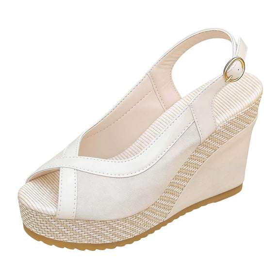 Fiaer Women's Platform Wedges Sandals Open Toe Buckle Slingback Cross Band Slip-On High Heels Vacation Beach Boho Sandals Beige 6
