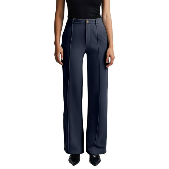 Fiaer,Women's Plus Size Business Dressy Pants,Womens Slim Fit Straight Leg Work Trousers,Ladies Buttons Stretch Solid Color Slacks with 2 Pockets Dark Blue M