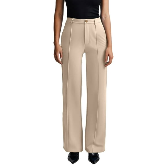 Fiaer,Women's Plus Size Business Dressy Pants,Womens Slim Fit Straight Leg Work Trousers,Ladies Buttons Stretch Solid Color Slacks with 2 Pockets Khaki M