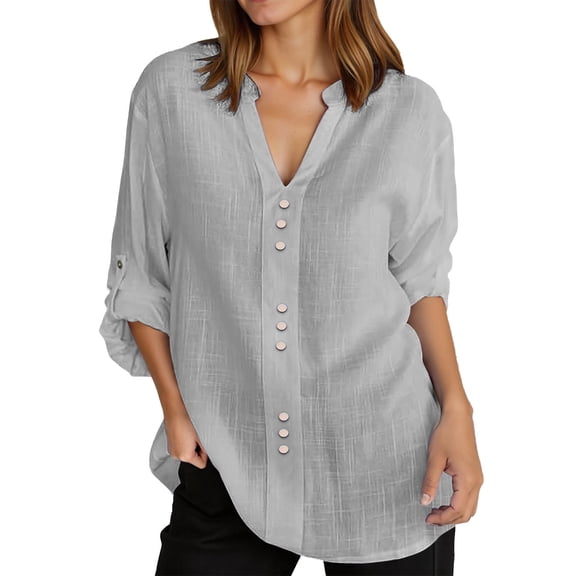 Fiaer,Women's Plus Size Buttons T Shirts,Deep V Neck Long Sleeve Tops for Women,Ladies Roll Sleeve Loose Fit Tshirts White XL