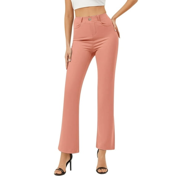 Fiaer,Women's Plus Size Straight Leg Dressy Pants,Ladies Work Stretchy Pant for Office Business,Womens High Waist Button Slim Fit Slacks Pink XXL