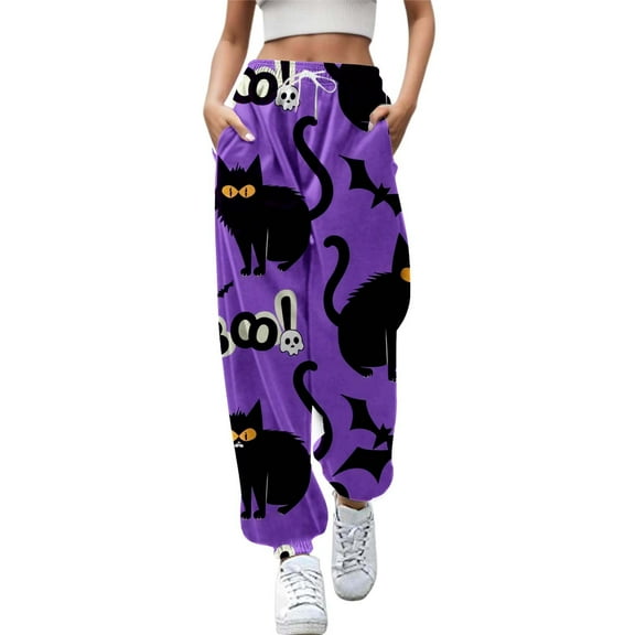 Fiaer,Halloween Sweatpants for Women High Waisted Active Joggers Plus Size Pants Baggy Lounge Bottoms with Pockets Purple S