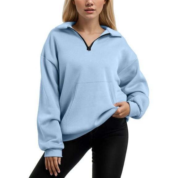 Fiaer,Women's Quarter Zip Oversized Sweatshirts,Loose Fit Casual Trendy Long Sleeve V Neck Solid Lapel Collared Warm Pullover for Women,Women Tops with Pocket Blue1 S