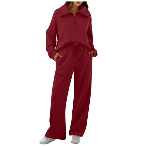 Fiaer,Women's Quarter Zip Sweatsuits Sets,Plus Size Loose Fit Casual Outfits Set,2 Piece for V Neck Lapel Collared Sweatshirts and Wide Leg Pants Red M