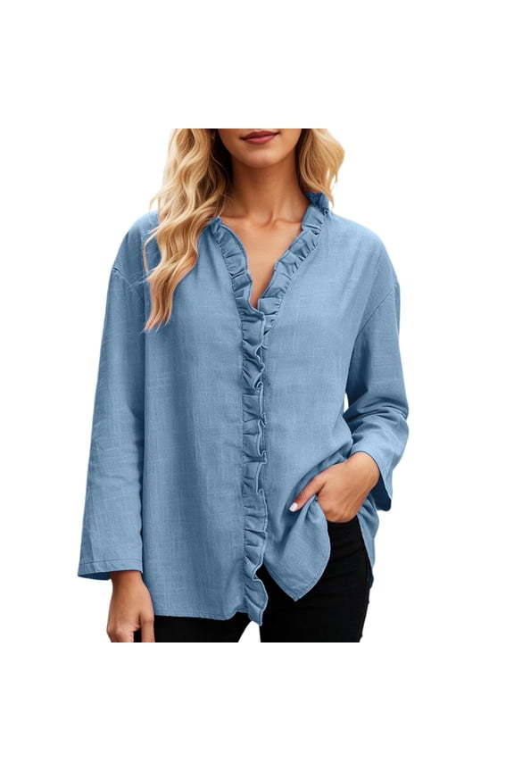 Women's Ruffled Boho V Neck Shirts Dressy Blouses Lightweight Flowy Casual Tops Pleated Trendy Shirts Blue XL