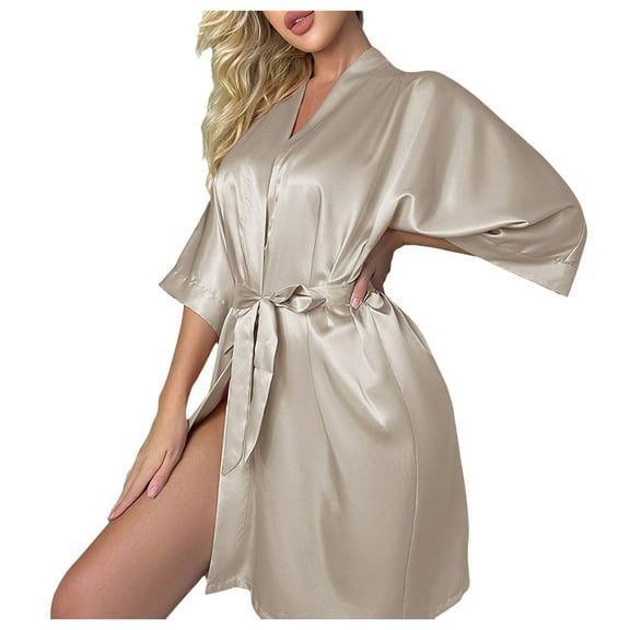 Fiaer,Women's Satin 3/4 Sleeve Kimono Nightgowns,Womens Loose Fit Trendy Lace up V Neck Lightweight Sleepwear,Lounge Wear White S