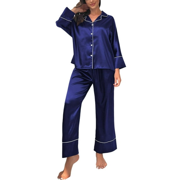Fiaer,Women's Satin Lightweight Pajamas Sets,Womens Trendy Comfy Lounge Sleepwear 2 Piece,Ladies Long Sleeve Shirts Wide Leg Pants,Button down Pjs for Women Navy L