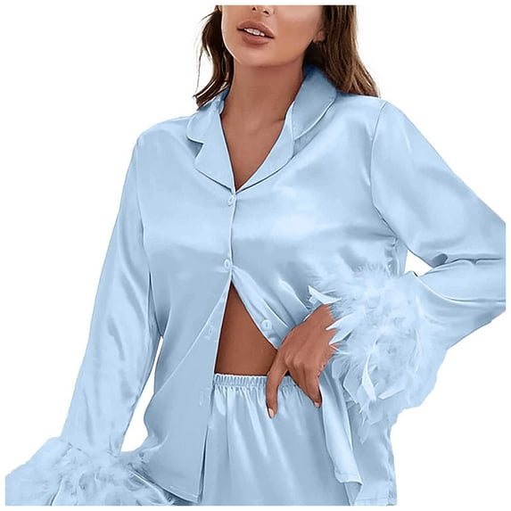 Fiaer,Women's Satin Lightweight Pajamas Sets,Womens Trendy Comfy Sleepwear 2 Piece,Ladies Loose Fit Feather Decro Pjs Loungewear BU1 M
