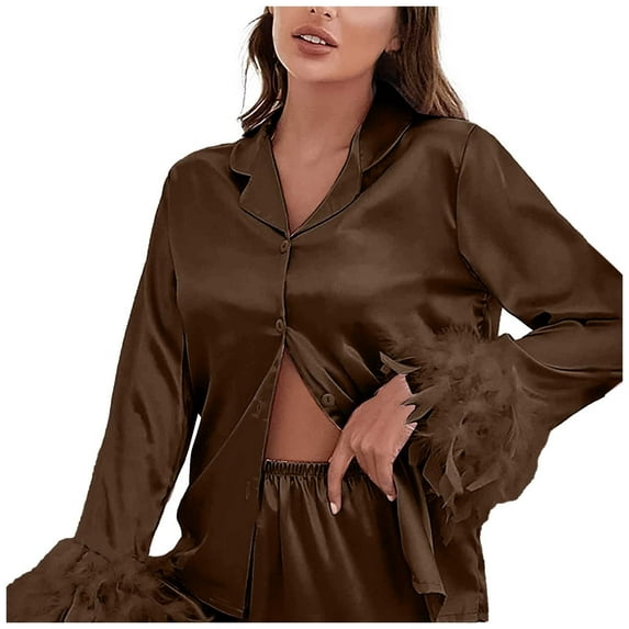 Fiaer,Women's Satin Lightweight Pajamas Sets,Womens Trendy Comfy Sleepwear 2 Piece,Ladies Loose Fit Feather Decro Pjs Loungewear Brown XL
