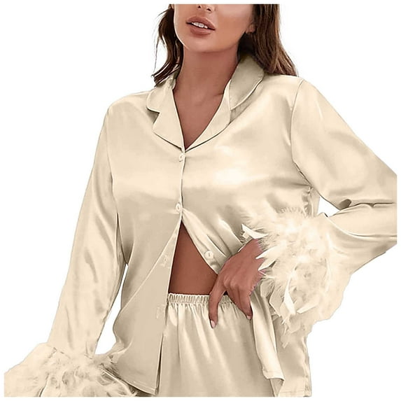 Fiaer,Women's Satin Lightweight Pajamas Sets,Womens Trendy Comfy Sleepwear 2 Piece,Ladies Loose Fit Feather Decro Pjs Loungewear Rose Gold M
