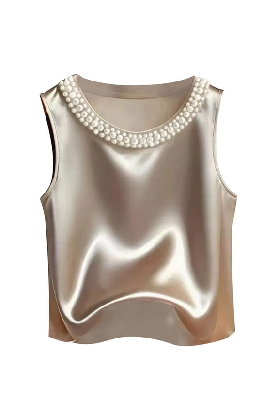 Women's Satin Pearl Beaded Crew Neck Tanks Tops Sleeveless Business Going out Tops Summer Elegant Vacation Tunic Blouses Beige S