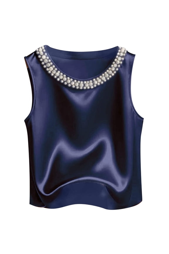 Women's Satin Pearl Beaded Crew Neck Tanks Tops Sleeveless Business Going out Tops Summer Elegant Vacation Tunic Blouses Blue XL
