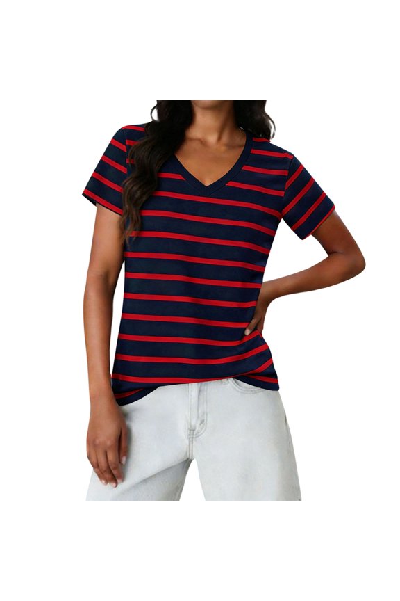 Women's Short Sleeve Striped T-Shirt V Neck Summer Classic Tees Loose Fit Casual Comfy Basic Tops Watermelon Red XL