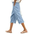 thumbnail image 1 of Fiaer,Women's Side Buttons Plus Size Capri Pants,Womens Loose Fit Straight Leg Slacks with Pockets,Ladies Lightweight Solid Breathable Trousers Light Blue XL, 1 of 5