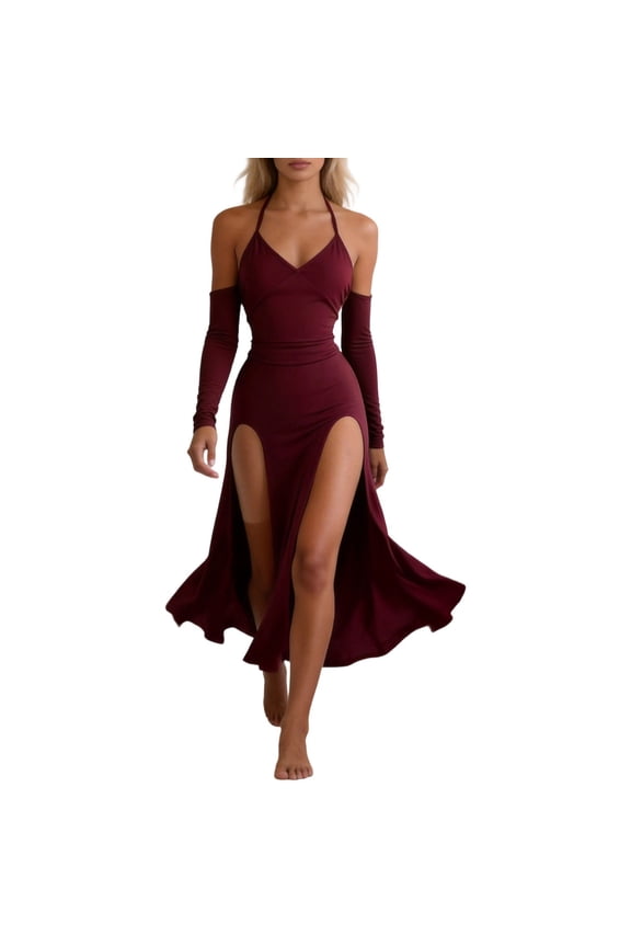 Women's Spaghetti Strap Dresses Elegant off Shoulder Double High Slit Long Sleeve Dress A-Line Maxi Dresses Red M
