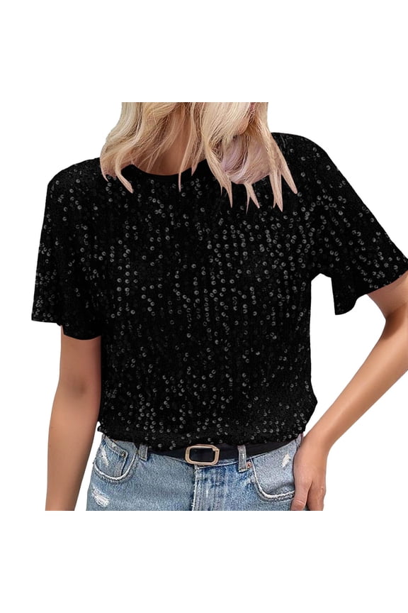 Women's Sparkle Sequins T Shirts Casual Short Sleeve Tops Shimmer Going out Rave Tees Black M