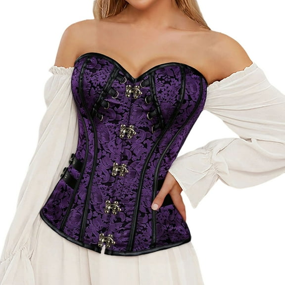 Fiaer Women's Spiral Steel Boned Bustier Corset Retro Lace up Underbust Bustier Shaping Tummy Cincher Tops Purple XL