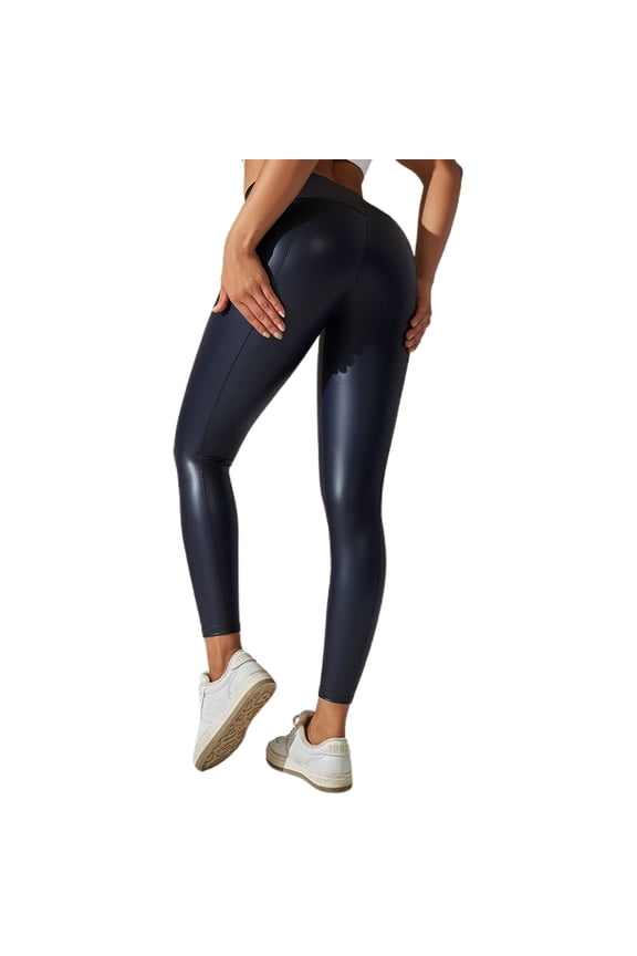 Women's Stretchy Leather Leggings Pants High Waisted Solid Color Tights Trendy Slim Fit Trousers Navy S