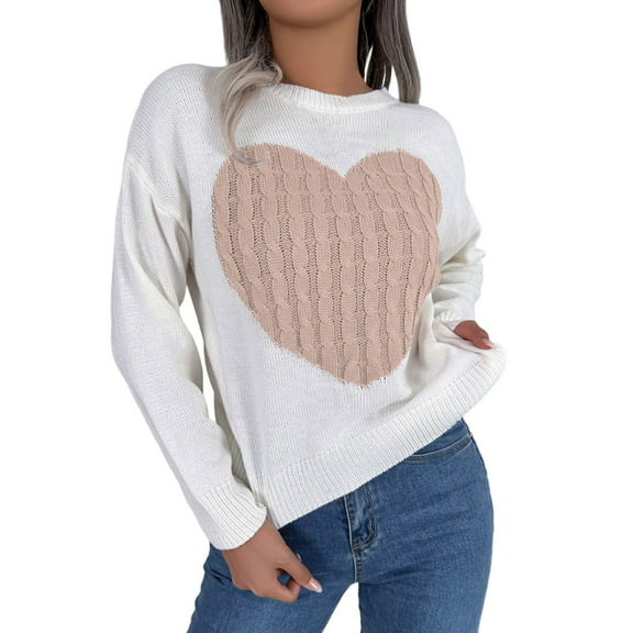Fiaer Women's Sweater Plus Size Long Sleeve Crewneck Knitted Tops Casual Elegant Heart Print Soft Warm Fashion Fall Winter Cloting RD1 M