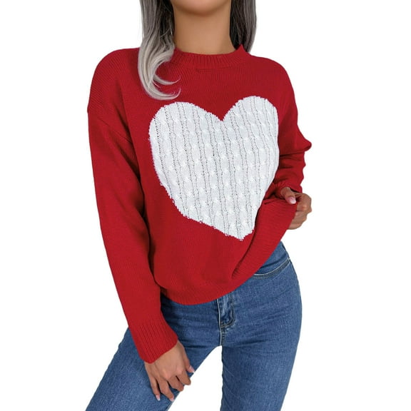 Fiaer Women's Sweater Plus Size Long Sleeve Crewneck Knitted Tops Casual Elegant Heart Print Soft Warm Fashion Fall Winter Cloting RD2 M