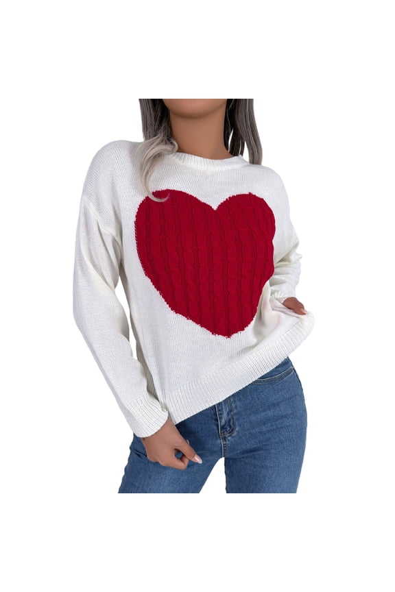 Women's Sweater Plus Size Long Sleeve Crewneck Knitted Tops Casual Elegant Heart Print Soft Warm Fashion Fall Winter Cloting White XXL
