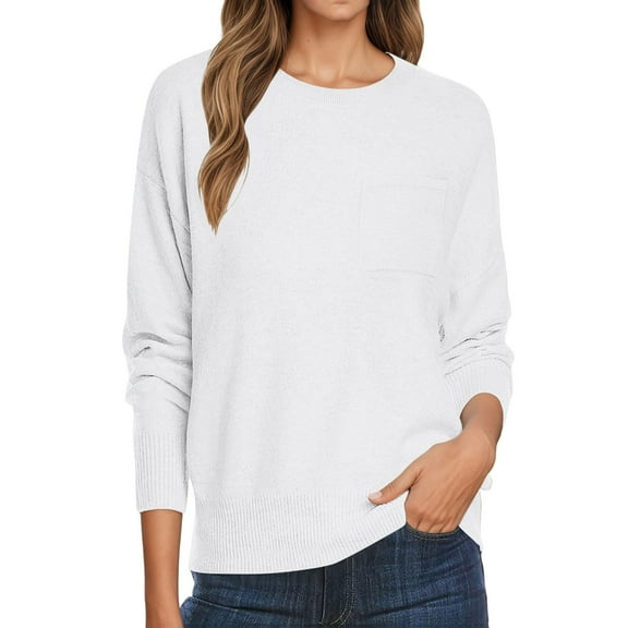 Fiaer Pullover Sweaters for Women Plus Size Trendy White Crew Neck Long Sleeve Loose Fit Warm Comfort Tops White XL