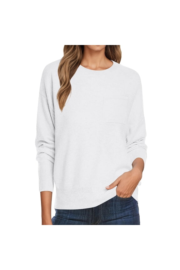 Pullover Sweaters for Women Plus Size Trendy White Crew Neck Long Sleeve Loose Fit Warm Comfort Tops White XL