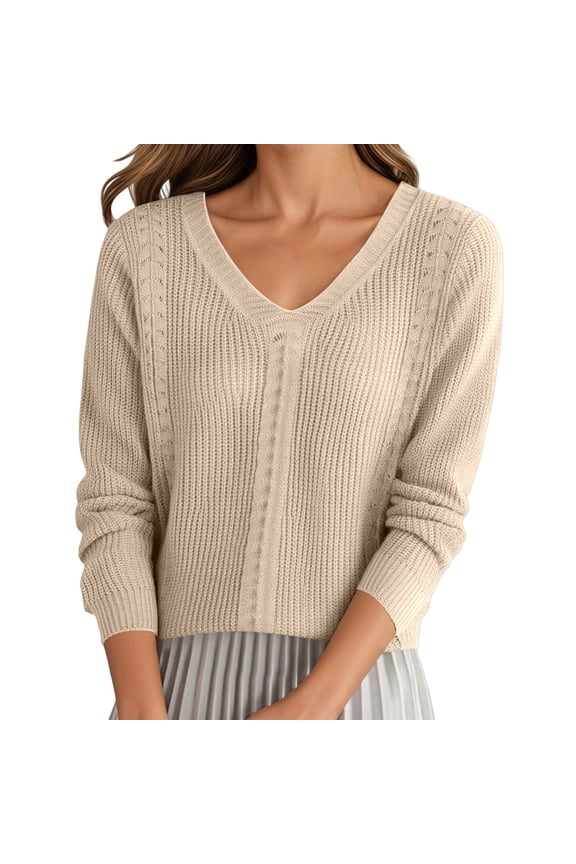 Women's Sweaters Oversized V Neck Warm Long Sleeve Cozy Fall Winter Loose Fit Trendy Plain Knit Tops Beige S