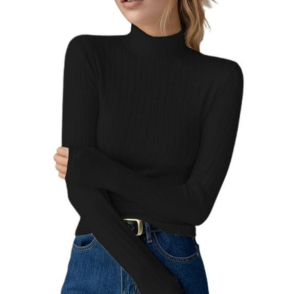 Fiaer Women's Sweaters Plus Size Turtleneck Long Sleeve Slim Fit Warm Solid Color Fashion Comfort Knit Tops Black XL