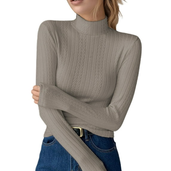 Fiaer Women's Sweaters Plus Size Turtleneck Long Sleeve Slim Fit Warm Solid Color Fashion Comfort Knit Tops Light Gray XL